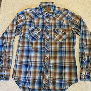 Wrangler Retro Western Pearl Snap Shirt Mens Medium Long Sleeve Blue & Tan Plaid - Picture 1 of 14
