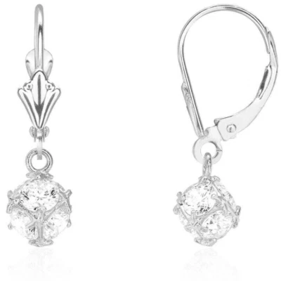 1.45Ct Simulated Round-Cut Diamond Dangle Leverback Earrings 14K White Gold - Image 1 of 4