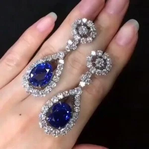 Oval Blue Sapphire Simulated Diamond Halo Stylish Drop Earring White Gold Plated - Picture 1 of 2