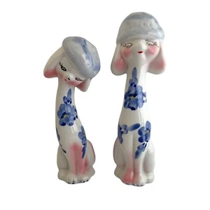 Pair of Long Necked Dog Figurine Blue Floral Wearing Hats - Picture 1 of 6