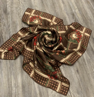 "Bufanda de seda enrollada a mano 31"" DE COLECCIÓN EMANUEL UNGARO marrón rojo verde rosa con puntos florales" Foto 1 de 4