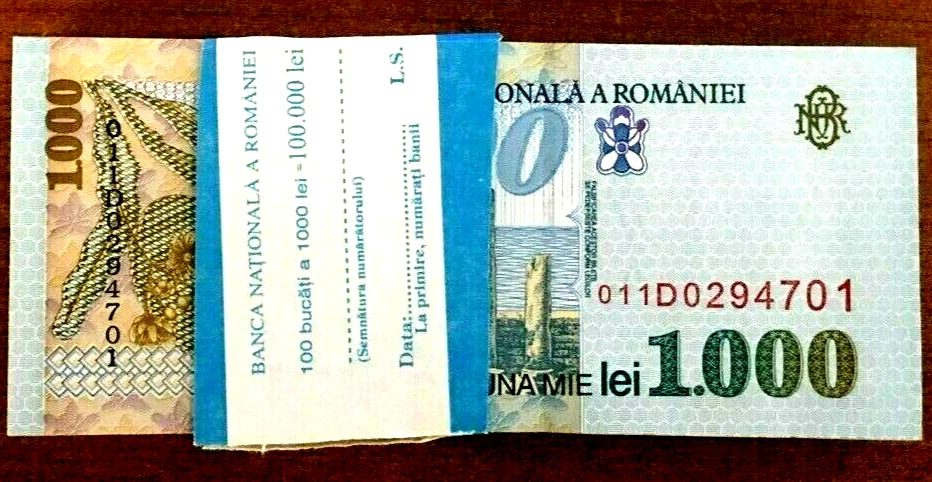 ROMANIA 1000 Lei P-106 1998 x 100 Pcs Lot BUNDLE LOT ROMANIAN UNC MONEY BANKNOTE - Image 1 of 4