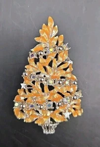 Vintage COREL Strass Weihnachtsbaum Brosche Orange Emaille Silber Tracht - Bild 1 von 9