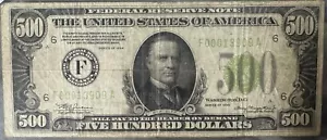 Rare low serial numbers 500 DOLLAR BILL 1934 FRN ATLANTA, GA LIGHT GREEN SEAL - Picture 1 of 2