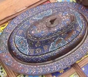 INCREDIBLY RARE Damascus Enamel Copper Antique FULL TRAY by SARAF! - 200 Yrs Old - Picture 1 of 8