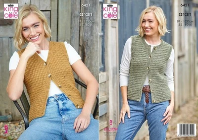 King Cole Aran Knitting Pattern - 6421 Ladies Aran Waistcoats (2 Designs) - Image 1 of 4