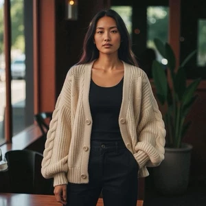 American Eagle Cropped Cable Knit Button Up Cardigan Sweater Size L Slouchy - Picture 1 of 13