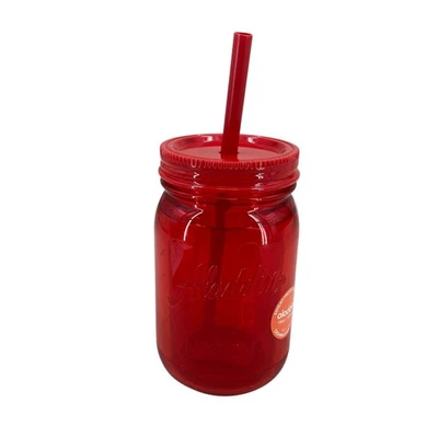 Taza de viaje vaso tarro de albañil aislado Aladdin 16 oz tapa de plástico rojo con paja Foto 1 de 4