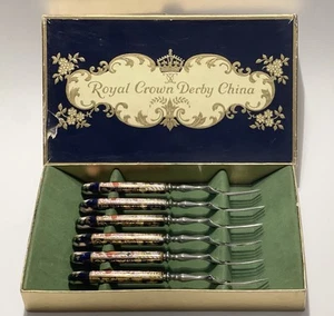 Set of 6 Royal Crown Derby Old Imari Fruit Forks w/Porcelain Handles - Picture 1 of 12