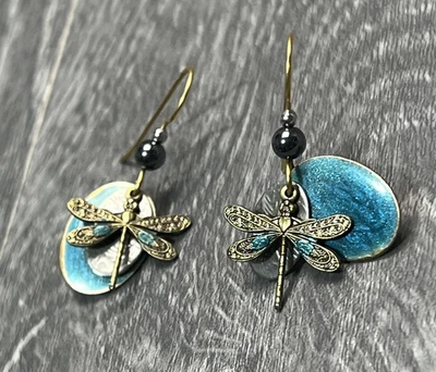 Pendientes colgantes libélula para mujer boho artesanales latón esmalte azul metal mezclado Foto 1 de 4