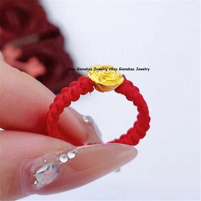 Pure 999 24K Yellow Gold Women 3D Lucky Rose Flower Red Braided Ring Us:4-10 - Image 1 of 4