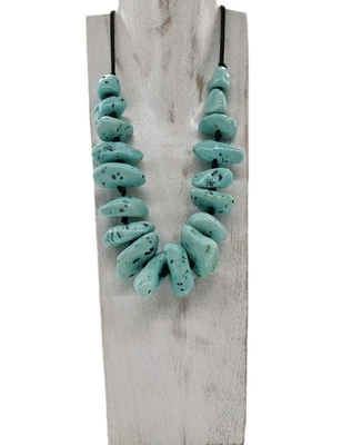 Blue Faux Turquoise Nugget Necklace Black Cord Button Closure Chunk 26 in - Image 1 of 4