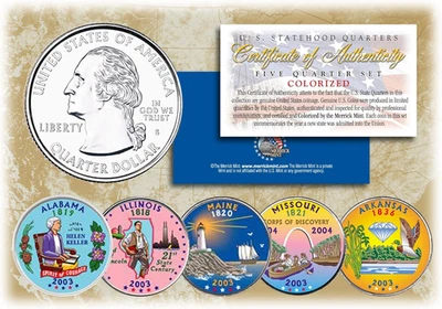 2003 US Statehood Quarters COLORIZED Legal Tender 5-Coin Complete Set W/Capsules - Image 1 of 4