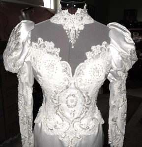 1986 Eve of Milady Beaded Lace Collared Renaissance Style Wedding Dress & Train - Picture 1 of 20
