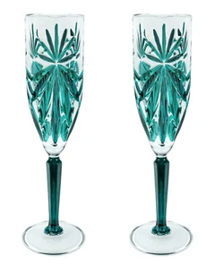 Pair of Murano Glass Champagne Flute Green Hand Painted Dark Stem 22.5cm - Picture 1 of 4