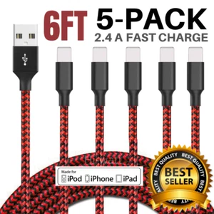 5 Pack 6Ft USB Charger Cable Heavy Duty Lot For iPhone 7 8 X 11 SE Charging Cord - Picture 1 of 10