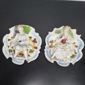 Chase Hand Painted Porcelain Wall Hanguing Victorian Woman & Man On Bench Japan - Picture 1 of 6