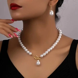 UK Women Ladies Faux Pearl Jewelry Necklace Drop Hoop Earrings Set Wedding Gift - Picture 1 of 2
