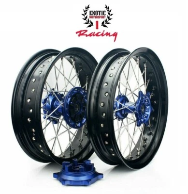 CNC Supermoto Wheels Set For Suzuki DRZ400  17"  Cush Drive 2000/2024 Blue Hubs - Image 1 of 4