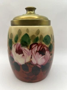 Vintage Hand Painted Milk Glass BISCUIT Cookie Trinket Jar w/ Brass Lid ROSES - Picture 1 of 21