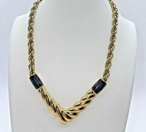 VTG MONET Twist Cord Choker V Neck 16" Necklace Gold Toned & Navy Blue Enamel - Picture 1 of 9