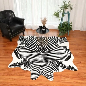 Zebra Area Rug Faux Fur Animal Skin Hide Carpet Bedroom Floor Mat Soft Washable - Picture 1 of 24