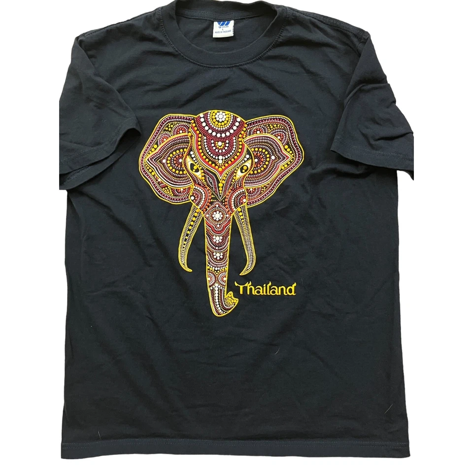 Thailand Shirt Mens Large Black Embroidered Elephant Boho Destination Bollywood - Image 1 of 4