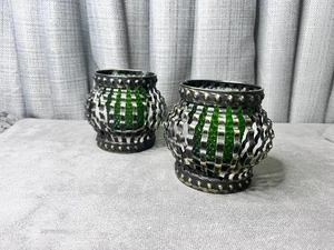MCM 2 Black Metal Cage Candle Votive Holder Green Glass Votive Set Gothic - Picture 1 of 7