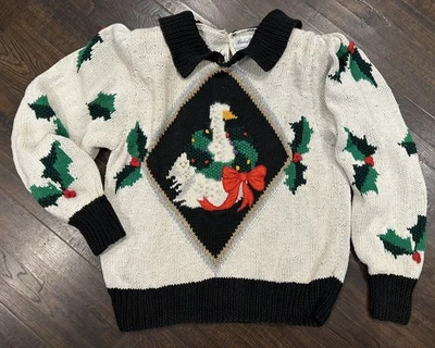 Suéter Tejido Vintage Navidad Porche Ganso Vacaciones Cuello Marisa Christina XS S Foto 1 de 4