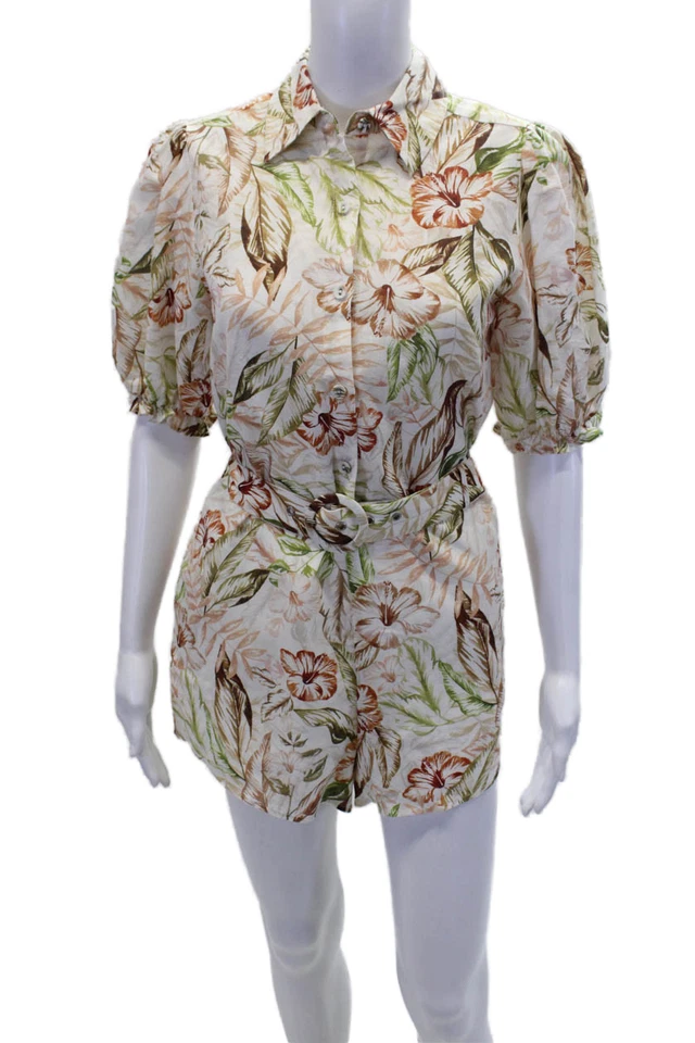 Charlie Holiday Womens Linen Hawaiian Printed Puff Sleeve Romper White Size XS - Image 1 of 4