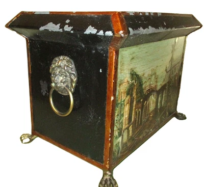 RARE Sarreid Italian Brass Lion Head Handles Enamel MCM Hollywood Footed Box VTG - Image 1 of 4