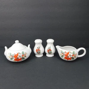 VTG Poinsettia SUGAR / CREAMER & SALT / PEPPER Shakers Ceramic 5 Pc Serving Set - Picture 1 of 17