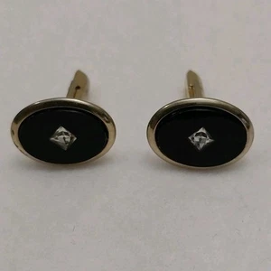 Vintage Manschettenknöpfe schwarzer Onyx Schmuck goldfarben #J222 - Bild 1 von 5