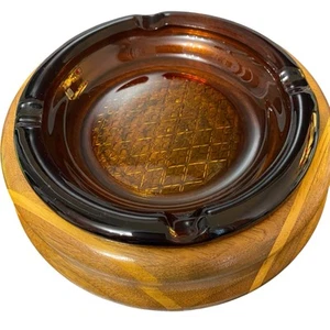 Vintage 6" Bernstein Zigarre Zigarette Aschenbecher schweres Glas mit Nussbaum Holzsockel - Bild 1 von 5