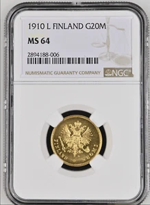 1910 L  Finland Gold 20 Markkaa NGC MS 64, Coin is Almost PL! - Picture 1 of 2