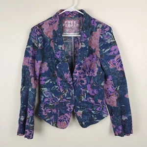 Free People Jacket Women 2 Blue Purple Floral Blazer Linen Cotton Pockets Button - Picture 1 of 13