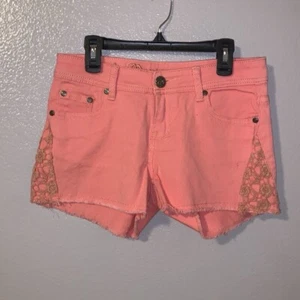Montana Jeans Western Neon coral floral lace detail fringe Jean shorts - Picture 1 of 5