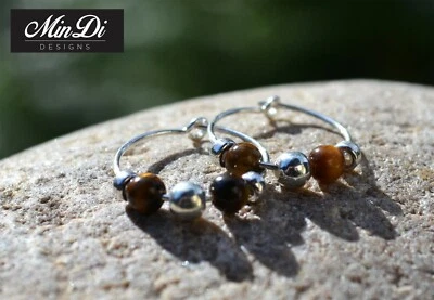 Orecchini, fatti a mano con argento sterling e occhio di tigre. - Immagine 1 di 3