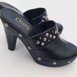 Chaps muli neri da donna tacco 4" taglia 6B borchie finta pelle - Foto 1 di 13