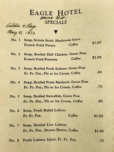 Vintage Menu Keene New Hampshire Eagle Hotel 1932 - Picture 1 of 3
