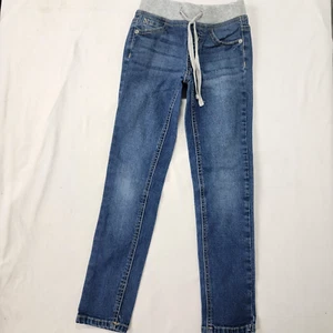 Justice Girl's Blue Denim Jeans Stretch Pants Gray Waistband Size 7 Super Skinny - Picture 1 of 8