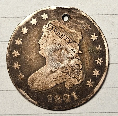 1821 Capped Bust Quarter VF Details Beautiful Natural Patina Holed! Large Size Cover