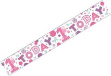 Age 1 Girl Foil Party Banner 1st Birthday - 1 Today Pink Lilac Giraffe