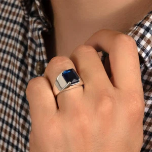 Blue Sapphire Silver Ring for Men Father's Signet Ring. Gift for Him - Picture 1 of 4