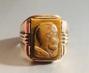 10k Yellow Gold Men's Tiger Eye & Knights Head Cameo Ring, Size 8 - Picture 1 of 10