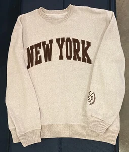 New York Popular Sweatshirt Mens L Beige & Brown Crewneck Fleece Spell Out Logo - Picture 1 of 6