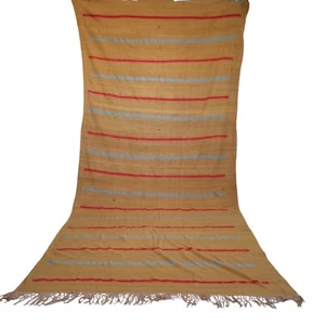 Vintage Handmade Moroccan Beige Wool Rug Red Blue Stripes Berber Tribal Carpet - Picture 1 of 24