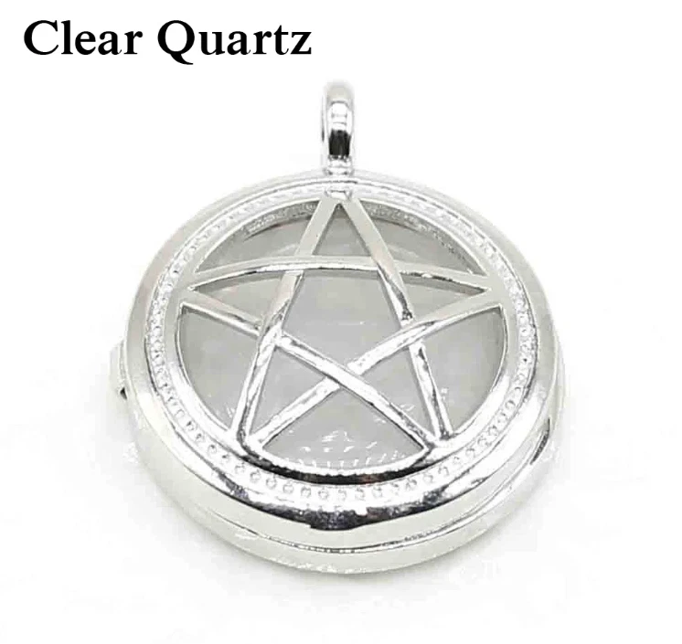 Pentacle Moon Locket Clear Quartz Pendant Necklace Gemstone Crystal Jewellery - Image 1 of 1