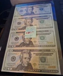 2004 A $20 * STAR UNCUT SHEET OF 4 FEDERAL RESERVE NOTES BANKNOTES 461 - Picture 1 of 11