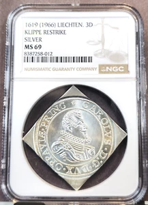 1966 LIECHTENSTEIN SILVER 3 DUCAT 1619 KLIPPE RESTRIKE NGC MS 69 RARE TOP POP - Picture 1 of 3